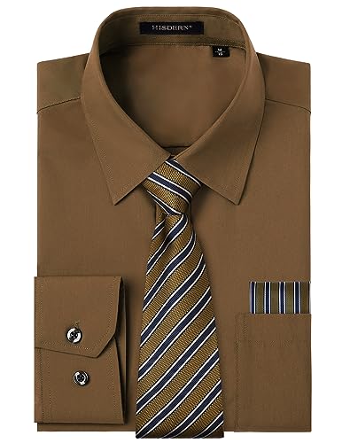 Men's Dress Shirt Brown Long Sleeve Shirt with Matching Tie and Pocket Square Set Classic Button Down Formal Business Shirts for Prom Party