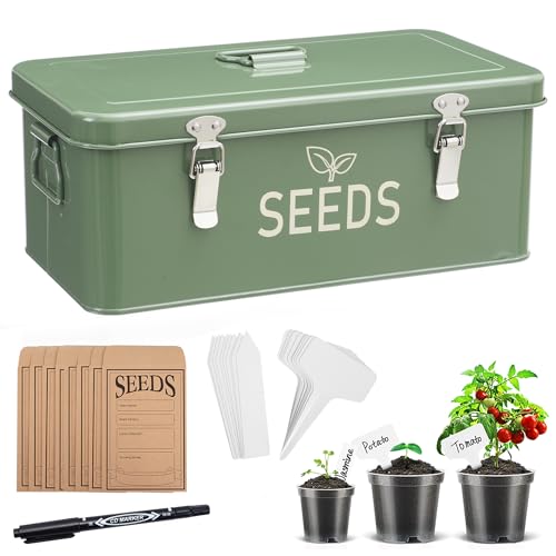 Candco Metal Seed Storage Organizer, Seed Storage Box with Safety Locks, Compartments Box with 3 Clear Plant Nursery Pots, 40 Plant Labels, 30 Seed Envelopes, 1 Marker Pen