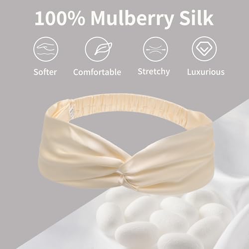 Image of ZLYC Mulberry Silk Headband for Women's Hair, Solid Beige Cream