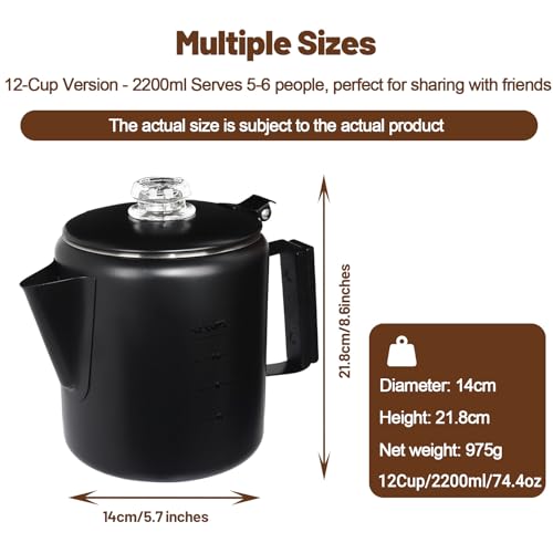 Image of 12 Cup Percolator 304 Stainless Steel Coffee Pot Coffee Maker Coffee Machine with Solid Wood Handle Transparent Knob Stovetop Greca Mocha for Induction Home and Camping 2200ml 74.4oz