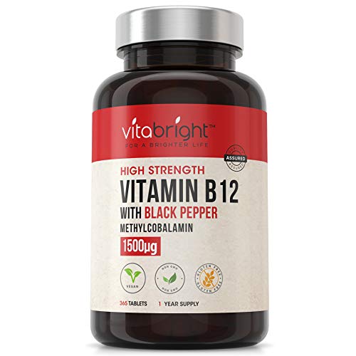 1500mcg Vitamin B12 with Black Pepper - 365 Tablets - (12 Months Supply) Vegan Methylcobalamin - Contributes to The Reduction of Tiredness and Fatigue - Made in The UK by VitaBright