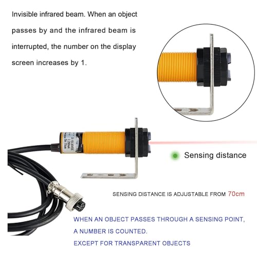 Contador digital infrarrojo LED para cinta transportadora. Pantalla de 4 dígitos. Conteo de hasta 9999. Rango de detección de 99 cm. Ideal para entornos industriales y educativos.