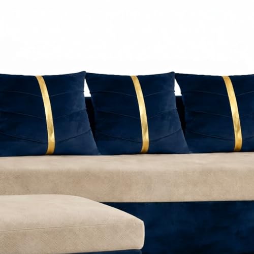Image of Caviar 5 Seater L Shape Sofa Set with Movable Ottoman | Flexible Layout | Luxury Velvet Suede Fabric | Modern Living Room Sofa | Dark Blue-Cream
