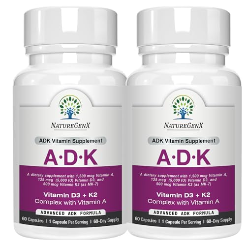 NatureGenX ADK Vitamin Supplement Vitamins A D3 & K2 MK-7 for Bone Health & Calcium Absorption Gluten-Free Non-GMO Soy-Free 120 Capsules 2-Pack (4-Month Supply)