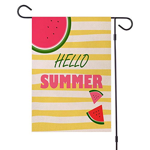 Gartenflagge mit Aufschrift "Hello Summer", doppelseitig gestreift, Jute, für den Außenbereich, als Dekoration, Wassermelonen-Flagge Cover