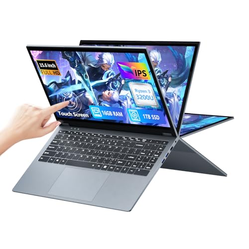 15,6 Pulgadas 2 en 1 Juegos Ordenador Portátil con Pantalla Táctil Procesador, Ryzen R3-3200U PC Portátil 16GB RAM 1TB SSD 360° Pantalla Táctil Laptop FHD IPS RJ45 WIN 11 Teclado Retroiluminado HDMI