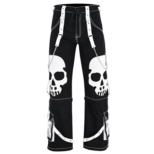Gothic Punk Pants with Skull Design & Chain Straps – Black and White Alternative Fashion – 100% Cotton2