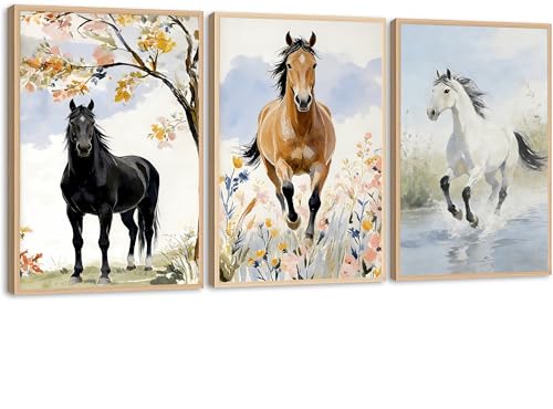 SIXWOOD 3 Pc Watercolor Horse Canvas Print 12x16 Unfamed Wildflower Art