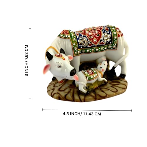 Image of SkyKey Decorative Kamadhenu Cow with Calf Figurine, White with Ornate Traditional Design, Polyresin, Religious Hindu Art Statue,3 Inch