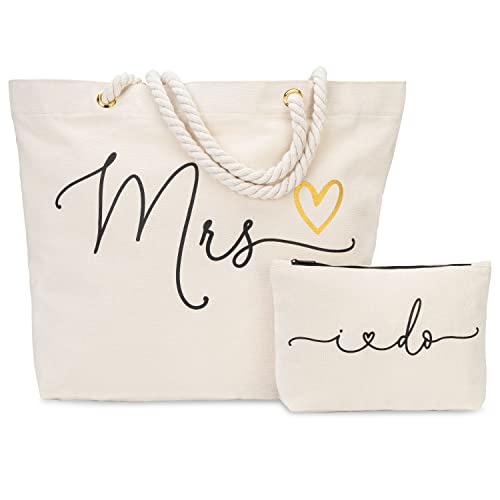 Bride Bag Tote - Bride Beach Bag Large Canvas with Makeup Pouch - Future Mrs Gifts for Bride Tote Bag - Bridal Shower Gift Bags - Engagement Gift for Her Bachelorette Wedding Day Planning Honeymoon
