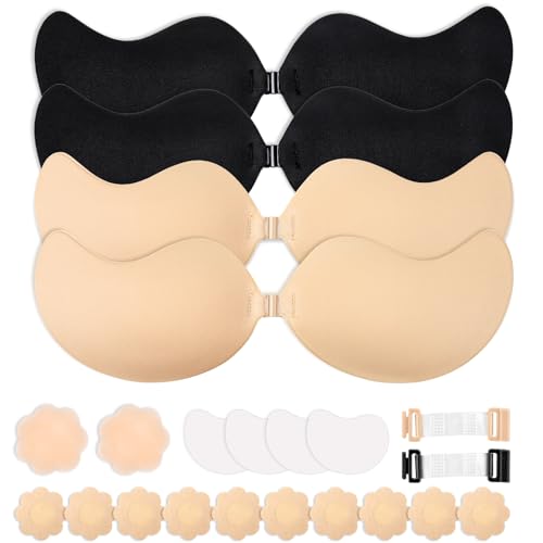 TEAWOO 4-Pack Cleavage Bra, Push Up Sticky Bra Set – Strapless Backless Invisible Adhesive Bras for Women E Cup Black/Nude
