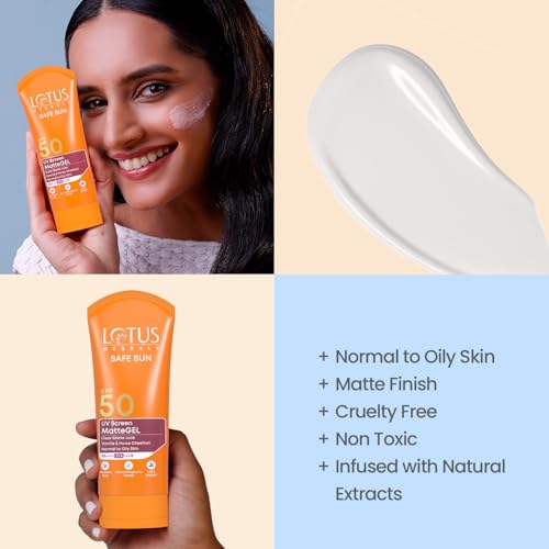 Image of Lotus Herbals Safe Sun UV Screen Matte Gel Sunscreen SPF 50 PA+++ | In Vivo Tested | Broad Spectrum UV Protection | Matte Finish | No White Cast | Normal to Oily Skin | For Women and Men | Paraben & Cruelty Free | 100g (Pack of 2)