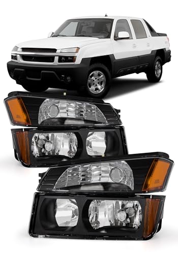 AXLAHA Headlight Assembly for 2002-2006 Chevy Avalanche 1500 2500 Fits Body Cladding Models with Black Housing Amber Reflector Passenger and Driver Side(No Bulb)