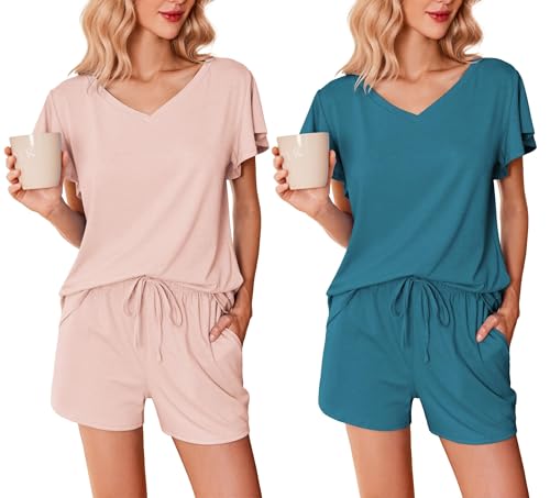 Ekouaer Pijama Mujer Verano Pijama Corto Mujer Paquete de 2 Mangas con Volantes Escote en Pico Suave Camiseta y Pantalón Corto, Rosa Claro + Verde Azulado, L
