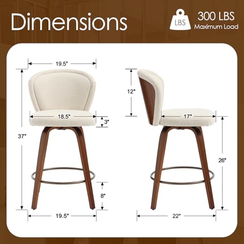 Image of HNY Swivel Counter Height Bar Stools Set of 4, 26 Inch Barstools with Walnut Wooden Leg and Back, Modern Linen Upholstered Counter Stools for Kitchen Island, Beige