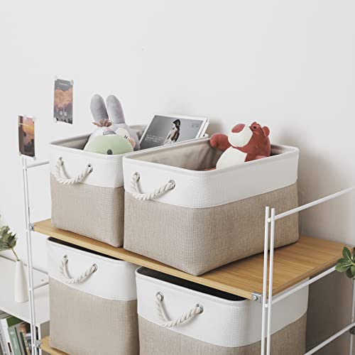 Storage Bins For Organizing (3 Pack), Large Fabric Storage Baskets For Shelves With Ropes, Foldable Storage Cubes For Home, Office,Closet, Clothes, Toys Organizer(White & Beige 15X11X9.5 Inch) #TOP2
