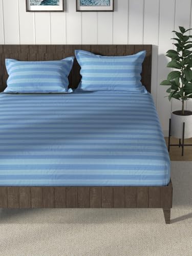 Image of NAUTICA Cotton King Bedsheet with 2 Pillow Covers -3pc Set (noridge) | 160TC | Super Soft Touch Stripe-Blue