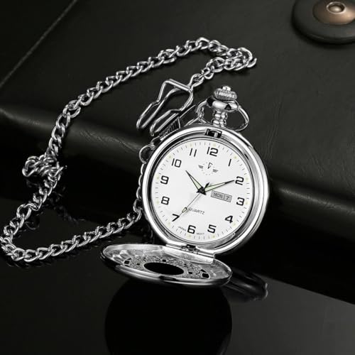Image of BOSHIYA Smooth Quartz Pocket Watches for Men Classic Arabic Digital Luminous Dial & Day Date Pocket Watch with Chain Christmas Graduation Birthday Gifts