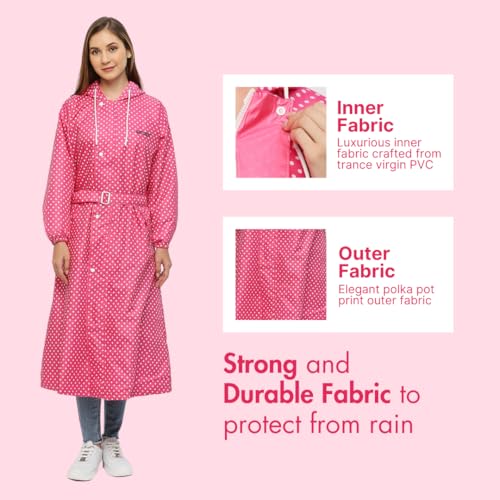 Image of Citizen Polyester Reversible Casual Style Raincoat For Women With Inbuilt Hood,Waist Belt & Matching Carry Pouch|Stylish Polka Dot Design|Durable & Lightweight Rainsuit With High Tearing Strength