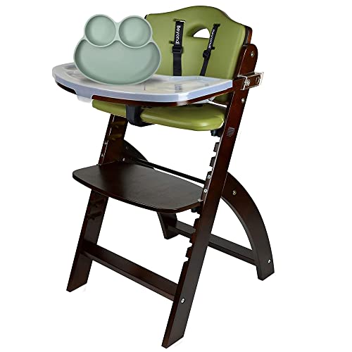 Abiie Beyond Junior Wooden High Chair (Mahogany Wood/Olive Cushion) and Octopod Silicone Baby Food Dish (Sage Green), High Chair and Suction Plate for Babies and Toddlers Bundle, Feeding Accessories
