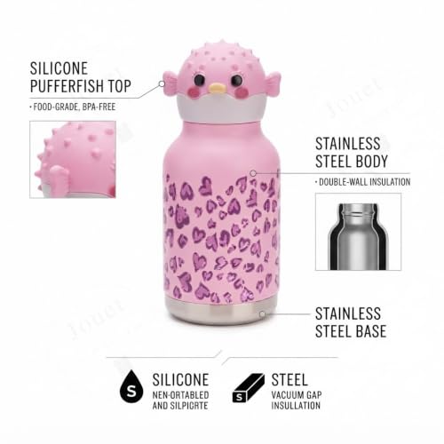 Image of JOUET Kids Stainless Steel Water Bottle 280ml with Cute Pink Fish Character Lid, Leakproof Drinking Bottle for School, Travel & Daily Use
