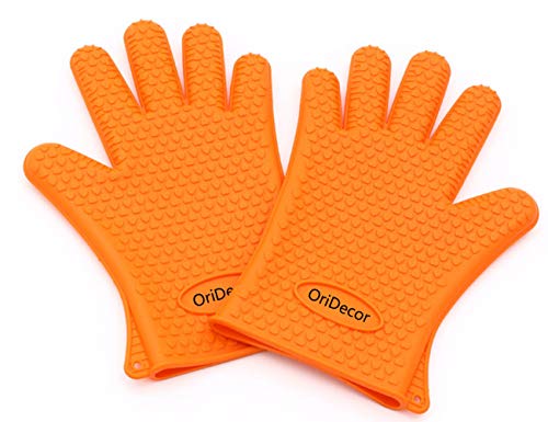 OriDecor Improved Thickened Silicone Gloves [ 1 Pair Food Grade Heat Resistant BBQ Silicone Gloves with Non Slip Rubber for Grill Cooking Baking Barbecue Potholder, Orange Color