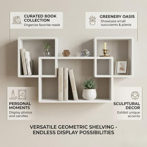 Image of Modern Geometric Floating Wall Shelf - Wall Mounted Decorative Display Shelves for Living Room, Bedroom & Office | Wooden Wall Shelf for Home Decor, Books, Plants & Showpieces Full White