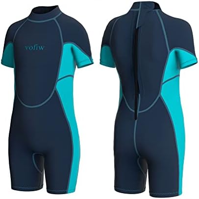 Vofiw Kids Wetsuit for Boys Girls Toddlers, 2.5mm Neoprene Shorty Wet Suit Back Zipper Swimsuit Short Sleeve Diving Suits Keep Warm for Swimming Snorkeling Surfing(10, Navy Blue)