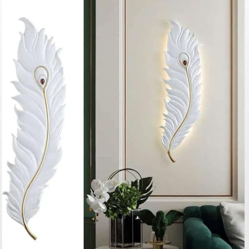 Image of Designer Krishna Peacock 650mm Feather 3-Color LED Wall Sconce|Decorative Mor Pankh Wall Light for Living Room, Bedroom, Hallway & Home Decor|White
