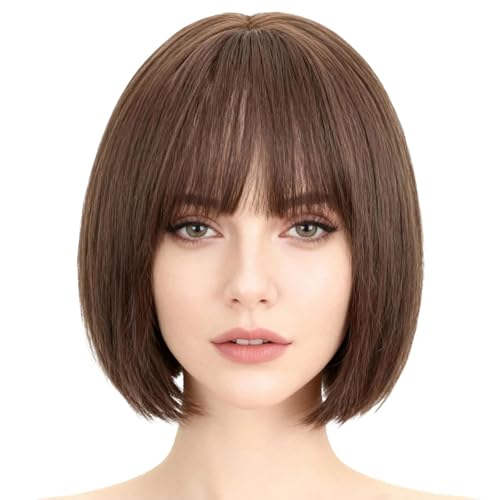 Mi-longue Bob Wig With Bangs Perruque pour Femmes,Brun Perruque Coupe au Carré Classique,Perruques de Cheveux Synthétiques Cosplay Utilisation Quotidienne de...