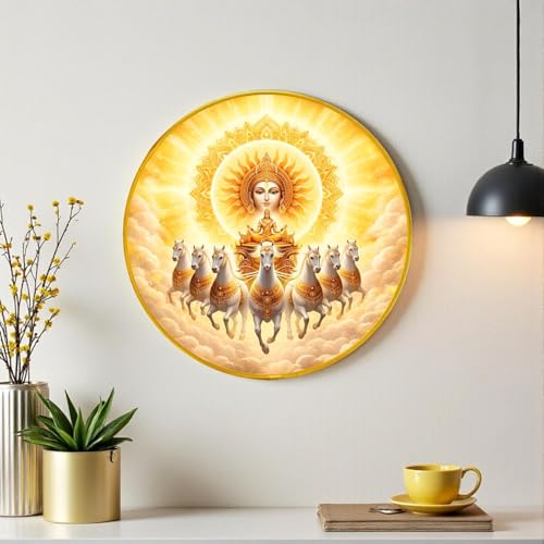 Image of 7 Running Horse Wall Art Painting With Frame For Living Room| Seven Horses Surya Dev Vastu Decor Framed Painting | Sun God Spiritual Round Wall Hanging for Home, Office & Gifting, 12 Inch