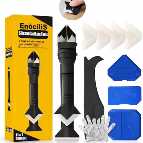 Caulking Tool Set EnociliS 11-in-1 Silicone, Sealant Finishing Tool with Stainless Steel Head, Scraper for Bathroom, Kitchen, Windows Caulk Remover Glass Glue, Kitchen,Floor,Window,Sink Joint,Frames