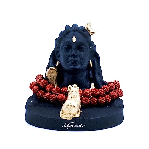 SIGNAMIO® Lord Shiva Adiyogi Statue for Car Dashboard and Pooja Room with Rudraksha Mala, Shiva Idol Murti, Mahadev, Shivji Gift (Adiyogi) 3.2 Inch, Black