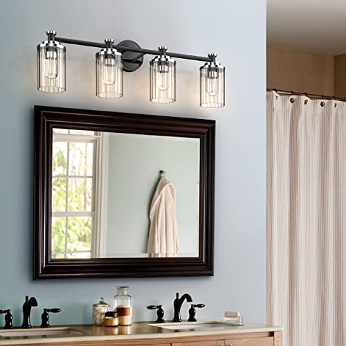 Image of Bathroom Lighting Fixtures Black and Chrome Bathroom Vanity Light with Cylindrical Clear Stripes Glass Lampshade E26 Socket Base Bathroom Lighting Fixtures Over Mirror (4 Lights)