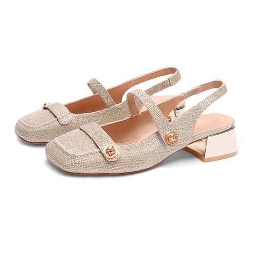 Image of Slingback Mary Jane Heels for Women Low Block Heel Closed Square Toe Pump Shoes Heels Classic Daily Office Dressy Shoes