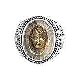 Renning Men's Stainless Steel Buddha Sakyamuni Head Ring Chinese Tibetan Buddhist Amulet Band Rings