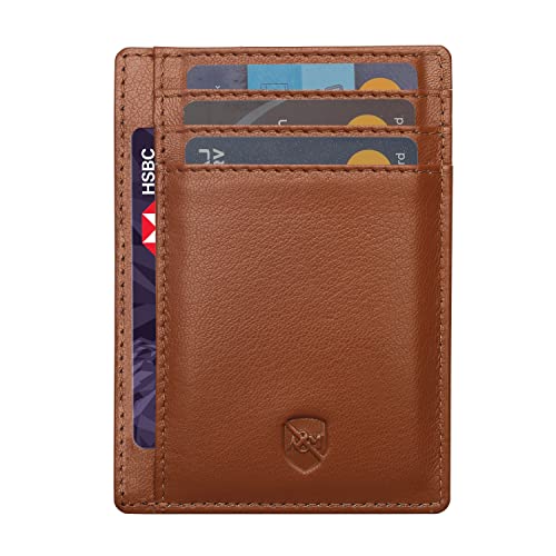 ALLEN & MATE RFID Blocking Leather Wallet – Slim Minimalist Card Holder for Men & Women – Holds 7 Cards & Cash – Stylish, Compact Design – Genuine Leather with Gift Box (Tan)