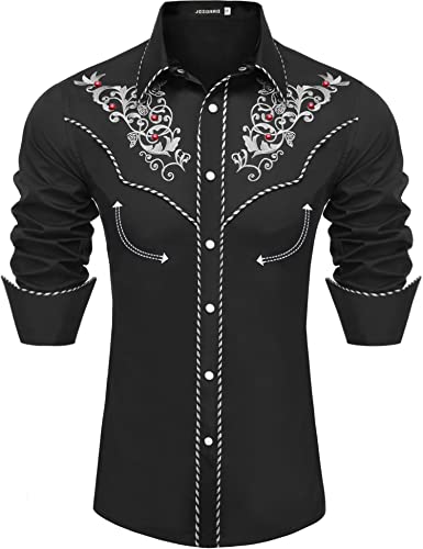 JoZorro Men's Long Sleeve Pearl Snap Shirt Rhinestone Cowboy Cut Western Embroidered Casual Button Down Shirt