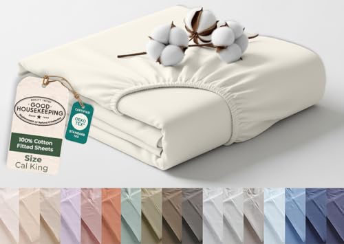 Image of Royale Linens 100% Organic Cotton California King Fitted Sheet - Percale Weave - Super Soft Deep Pocket Bottom Sheets - Ivory Elastic Sheet - California King Fitted Sheets Only - (72 inchx84 inch+15 inch, Ivory)