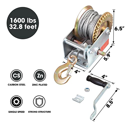 Image of Big RED ATRT1161CR Torin 1600lbs Capacity Manual Heavy Duty Hand Winch with 32.8FT Steel Wire Cable