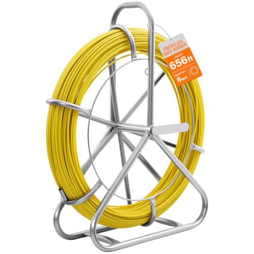 Fiberglass Fish Tape 656FT 1/4in Duct Rodder Wire Puller Non-Conductive Cable Running Rod with Heavy-Duty Steel Reel Stand Min 13in Bending Radius Wall & Electrical Conduit Fishing Tool