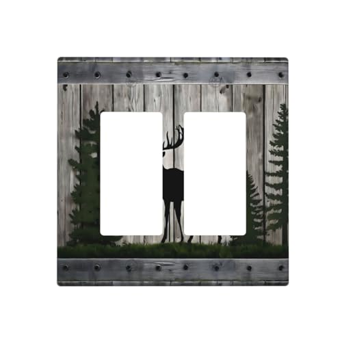 Decorative Outlet Covers Rustic Deer Elk Forest Grey Wood Board 2 Gang Wall Plate Double Rocker Two Switch Wall Cover Plate Jumbo Dual Gfci Faceplate for Farmhouse Decor