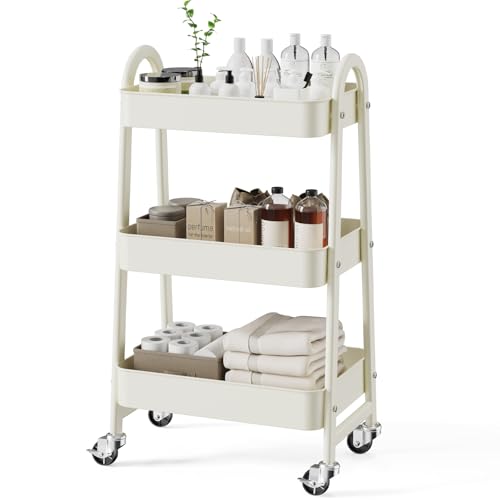 Image of Smug 3 Tier Rolling Cart - Metal Utility Carts on Lockable Caster Wheels, Mobile Storage Shelves Organizer for Livingroom, Bathroom, Kitchen, Bedroom & Narrow Places, White