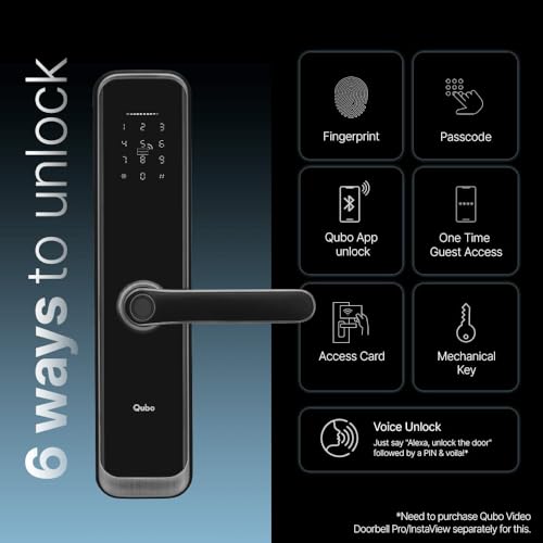 Image of QUBO Smart Door Lock Elite from Hero Group | 7-Way Unlocking | Fingerprint | OTP Remote Unlocking | PIN | RFID Card | Mobile App | Mechanical Key | 1 Year Brand Warranty (Black)
