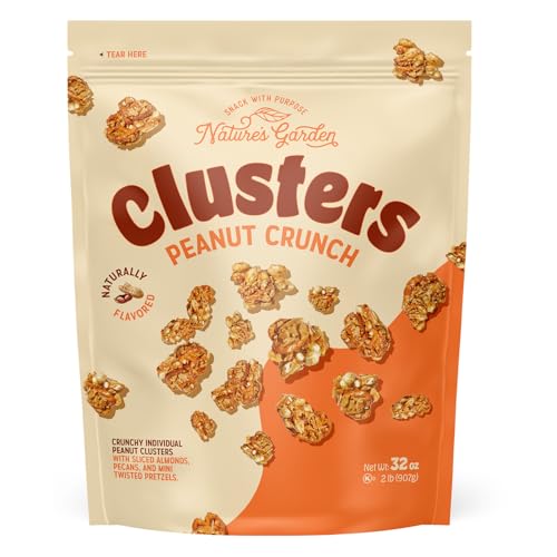 Nature’s Garden Clusters Peanut Crunch, 32oz Pouch – Big Chunky Nut & Pretzel Snack Bites with Almonds, Pecans – Crunchy, Nutrient-Dense, Guilt-Free Treats for Adults & Kids