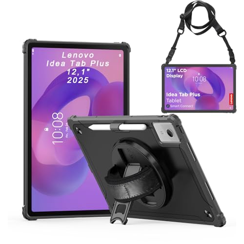 Junfire Hülle für Lenovo Idea Tab Plus (12,1 Zoll) 2025, Schutzhülle Robuste Stoßfeste mit Drehbarer Ständer, Handschlaufe, Schultergurt & Stifthalter kompatibel mit TB361FU – Schwarz