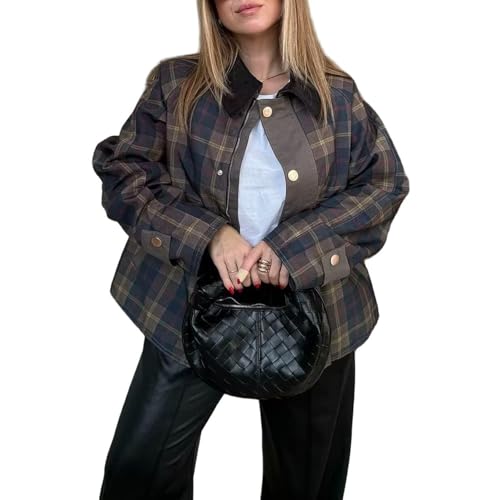 Womens Plaid Casual Fashion Jacket Long Sleeve Lapel Collar Button Up Zipper Shacket Jacket Tops