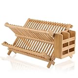 NOVAYEAH Bamboo Dish Drying Rack-2 Tier, Collapsible Small Dish Rack with Utensil Holder, Wooden Drying Rack for Kitchen Counter, Apartment Essentials Kitchen Plate Holder Organization 34 pcs Grid