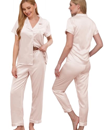 Image of WJing Yi Jia Womens Pajamas Set XS-4XL Floral Silk Satin Pajama Sets Silky Pj Sets 2Pcs Loungewear Sleepwear Button Down Pjs