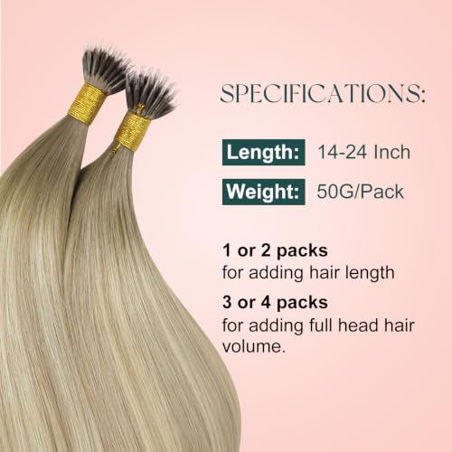 Image of Easyouth 20 Inch 50g Nano Bead Hair Extensions Ombre Nano Hair Extensions Human Hair Ash Blonde Ombre Light Brown with Blonde Balayage Nano Ring Hair Extension for Women Cold Fusion Hair